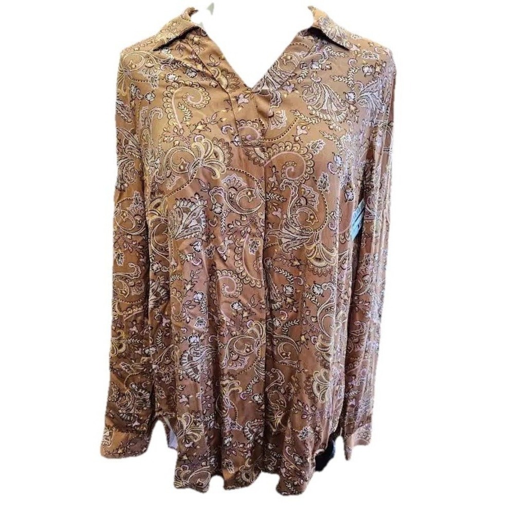 BLAIR Women's Quarter Long Sleeve Paisley Brown Top NWT Size XL
